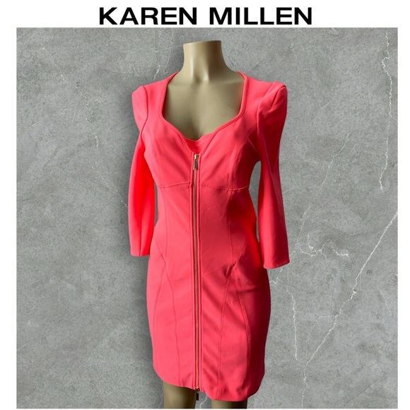 Karen Millen Dresses & Skirts - Karen Millen Hot Pink Zipper Dress Long Sleeve Bodycon Cocktail Party Barbie 8